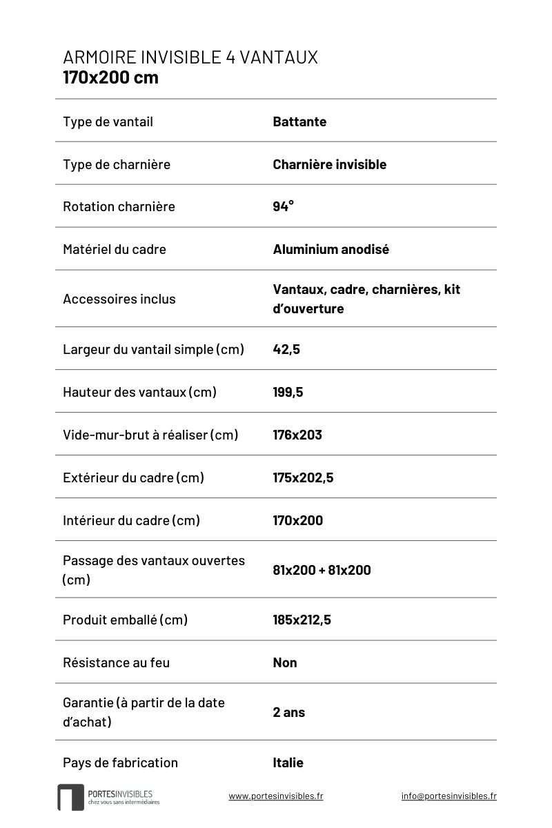 Mesures et spécifications de la armoire invisible 3 vantaux 170x200 cm